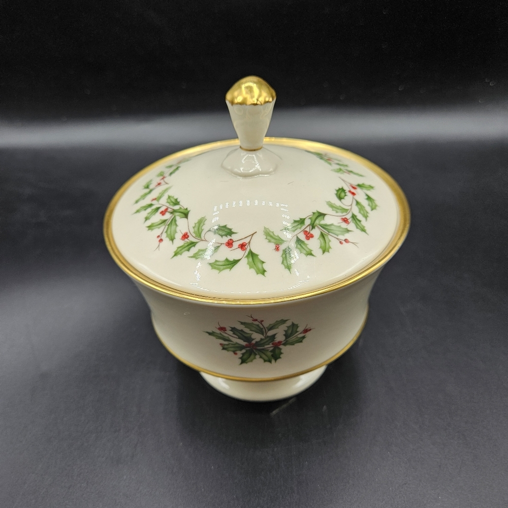 Vintage Lenox Christmas Holiday Dimension Candy Jar w/ Holly Design